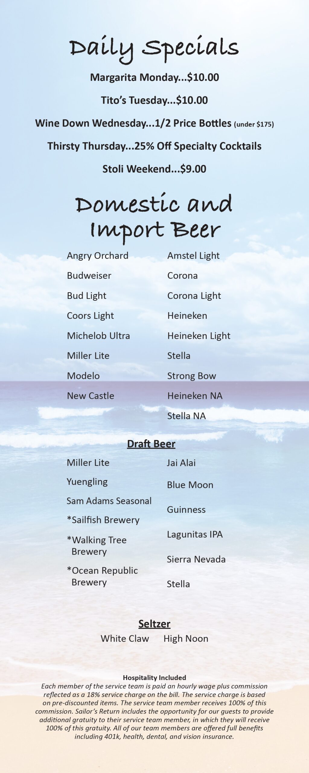 Sailor's Return Drink Menu