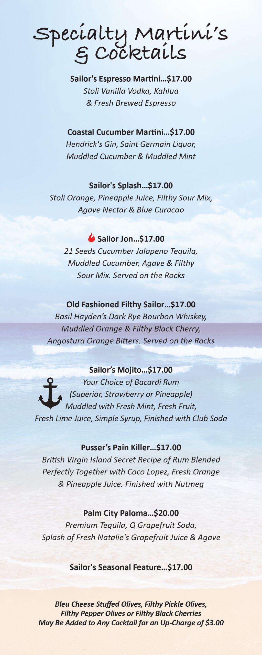 Sailor's Return Drink Menu