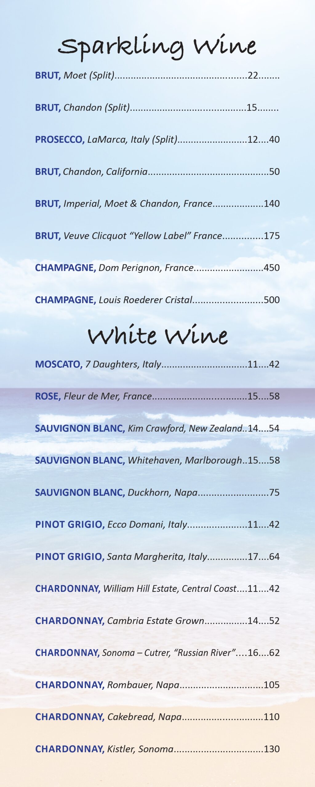 Sailor's Return Drink Menu