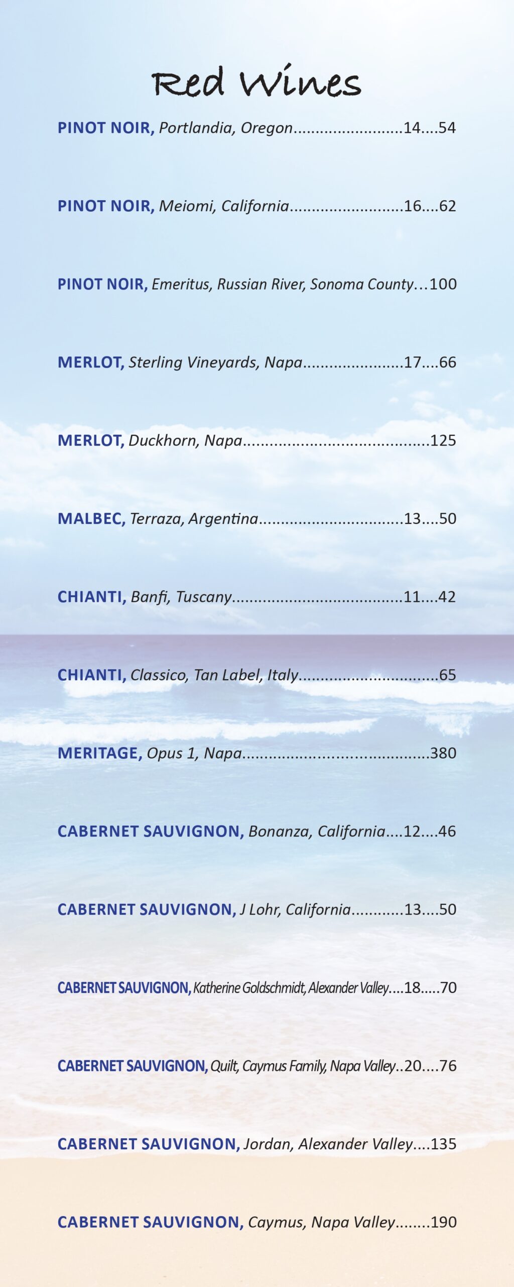 Sailor's Return Drink Menu