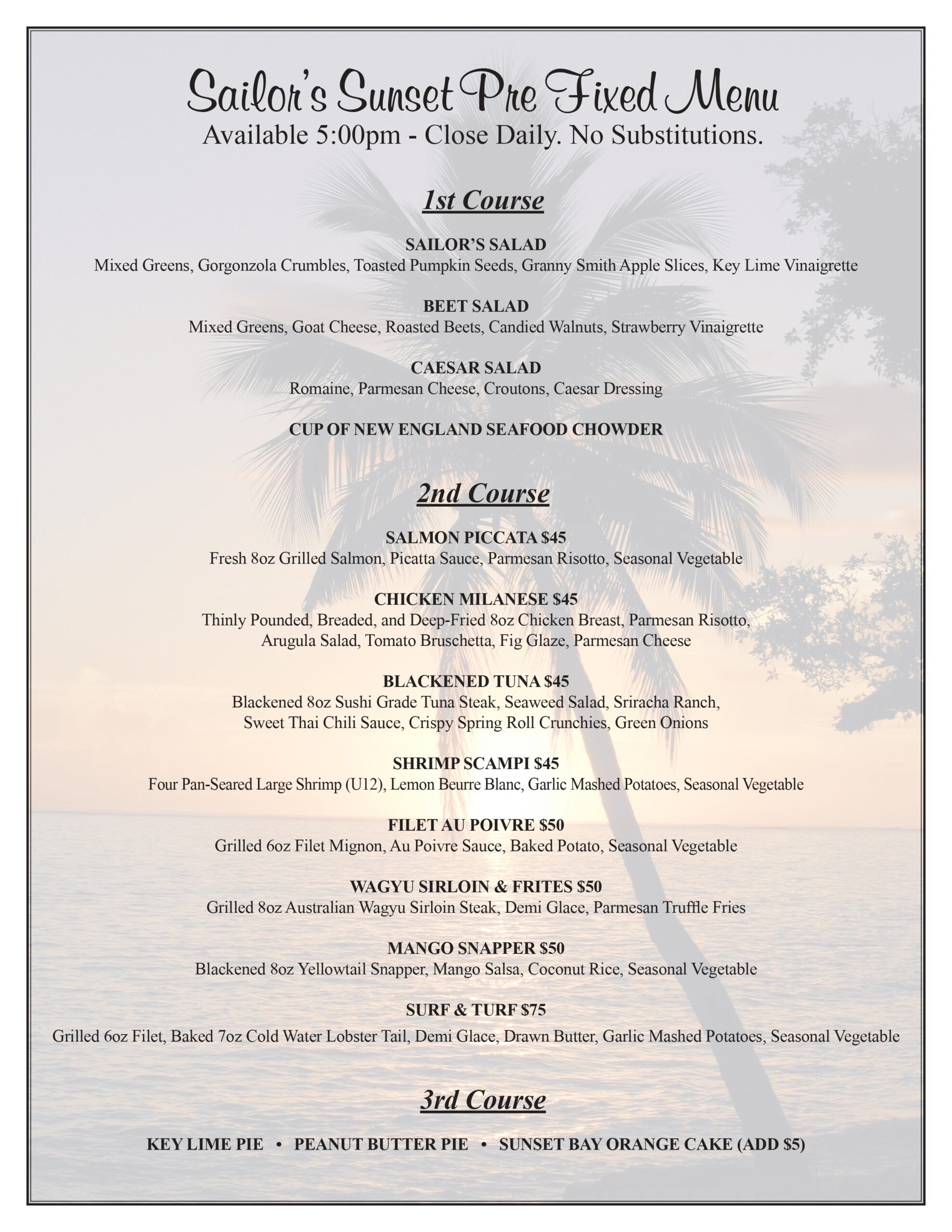 Sailor's Sunset Menu